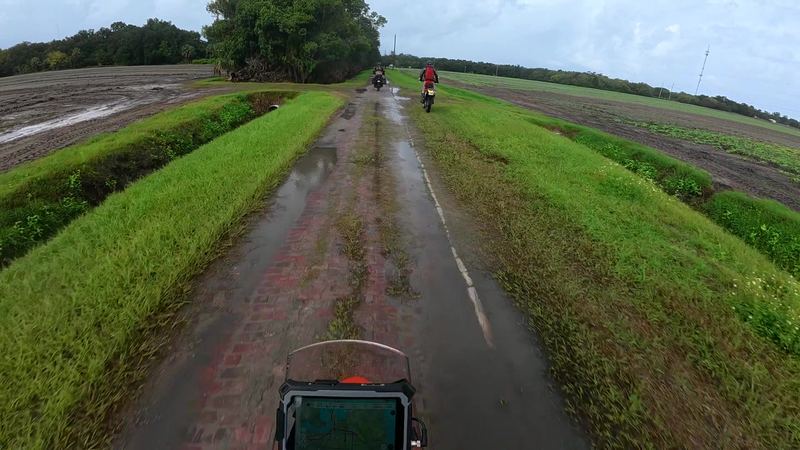 Wet brick road between green farm fields, riders ahead